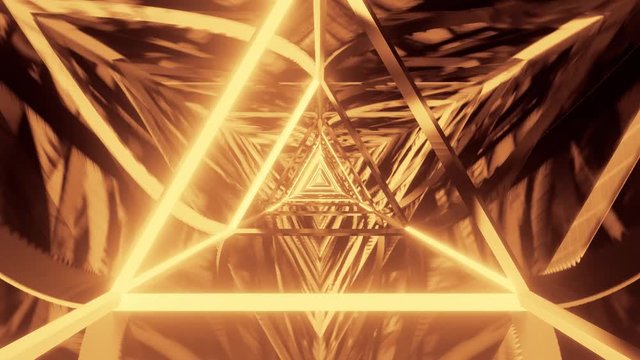 Sci fi motion graphics: asymmetrical gold and black rhombus and triangle tunnel