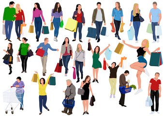Collection of People Carrying Shopping Bags with Purchases - Colorful Set for Your Graphic Projects, Vector Illustration