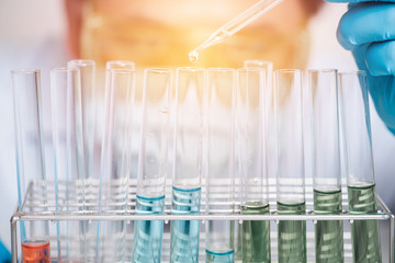 scientist hand dropping the sample substance into the test tube rack in lab. science research concept