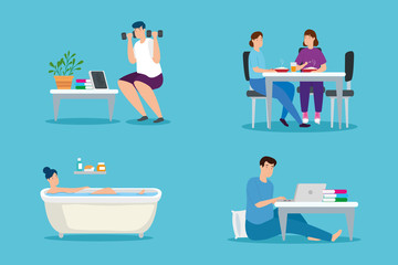 young people stay at home characters vector illustration design