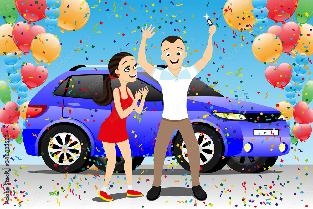 Poster Young couple rejoices to a new car on a festive background.