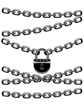 Black padlock with chains on a white background.