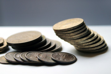 Indian Old vintage coins. Indian old and new coins isolated on white background.  Valid and invalid...