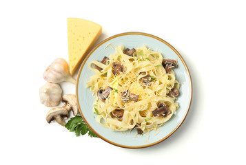 Plate with pasta, cheese and mushrooms isolated on white background