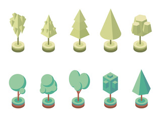 Set trees isometric. Landscape constructor kit. Icons for city maps, games. Vector Illustration