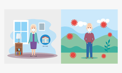 old couple using face masks for covid19 vector illustration design