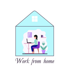 A beautiful woman sits at home and works at the computer. Vector illustration in flat style. The concept of freelancing, online learning, and working from home. Isolation and coronovirus. Stay at home