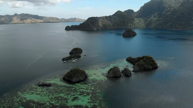 Aerial view of a beautiful small islands Siete Pecados near in Coron Bay. Palawan. 