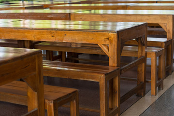 The table and the bench in the school cafeteria