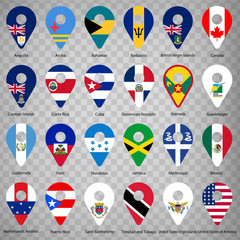 Twenty four Flags of American countries - alphabetical order with name.  Set of 2d geolocation signs like national flags of North and Central America. Twenty four 2d geolocation signs. EPS10.