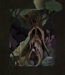 Fairytale book cover illustration ancient tree spirit in the dark forest. Face of old magician on the tree