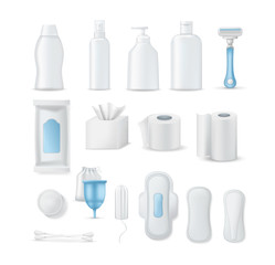 Feminine hygiene products, feminine hygiene items. Realistic woman pads and tampons. Critical days, menstruation days. 