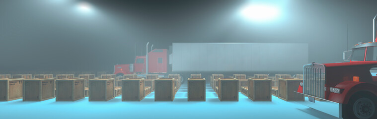 wooden boxes in a warehouse and vehicles dedicated to transport