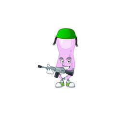 A mascot design picture of clostridium botulinum as a dedicated Army using automatic gun