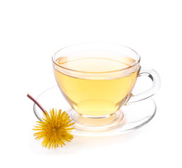 Cup of healthy dandelion tea on white background