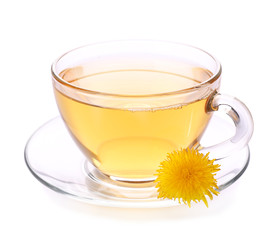 Cup of healthy dandelion tea on white background