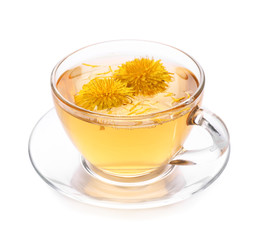 Cup of healthy dandelion tea on white background