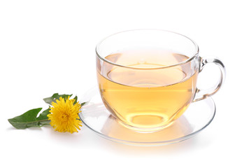 Cup of healthy dandelion tea on white background