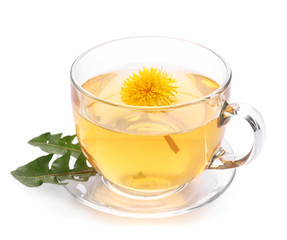 Cup of healthy dandelion tea on white background