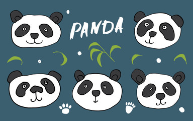 Cute Panda bear Doodles Set. Cute Animals sketch. Hand drawn Cartoon Vector illustration