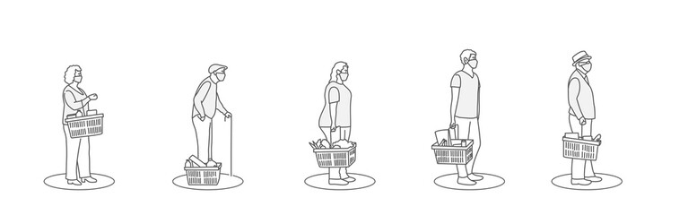 Line at cash desk. Men and women in medical face mask buying groceries in shop. Keep safe distance. Protect. Line drawing vector illustration.