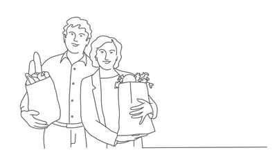 Couple holding paper bag with food. Line drawing vector illustration.