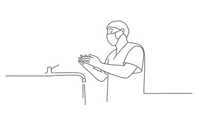 Fototapeta premium Nurse or doctor washes his hands. Line drawing vector illustration.
