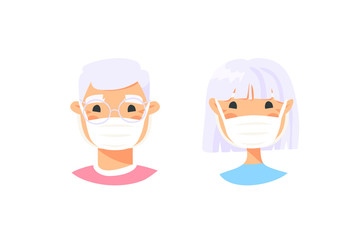 Set of elderly male and female characters. Cartoon masked people. Isolated retiree avatars. Flat illustration protected old men and women faces. Hand drawn vector drawing safe granny portraits