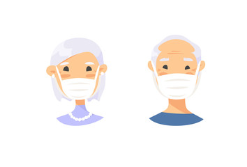 Set of Asian elderly male and female characters. Cartoon masked people. Isolated retiree avatars. Flat illustration protected old men and women faces. Hand drawn vector drawing safe granny portraits