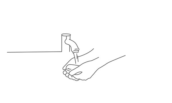 hands washing under faucet, line art clip art preview