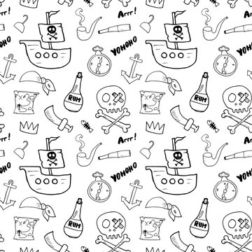 Pirate Doodles Seamless pattern. Cute pirate items sketch. Hand drawn Cartoon Vector illustration