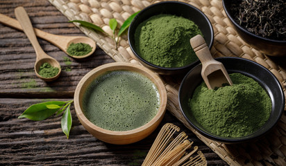 Japanese organic matcha green tea powder in bowl with wire whisk and green tea leaf on wooden background, Organic product from the nature for healthy with traditional style