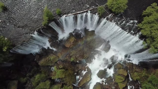 High Angle Aerial View of Top of Waterfalls and Water Rainbow Above Water Mist, Laja Falls, Chile