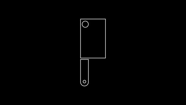 White line Meat chopper icon isolated on black background. Kitchen knife for meat. Butcher knife. 4K Video motion graphic animation