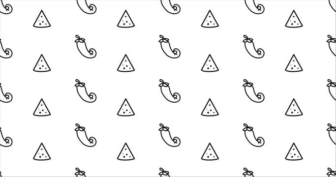 Repeating black and white seamless video animation motion clip background with icons tacos chips cheese and peppers chili in seamless pattern repeating loop