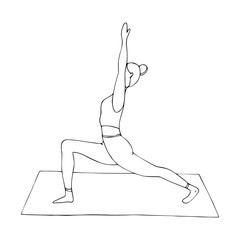 A young girl is engaged in Hatha yoga. The warrior pose. Anjaneyasana. Gymnastics, healthy lifestyle. Doodle style. Black and white vector illustration. Hand drawn, isolated on a white background