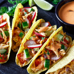 close-up of Corn Taco shells with chicken meat