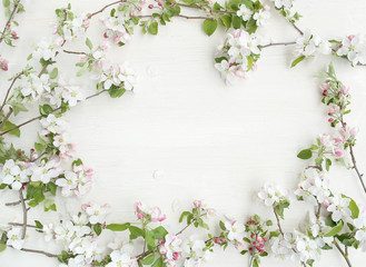 Frame of apple flowers blossom on white wooden background. Spring concept of blooming apple branches with copy space, top view..