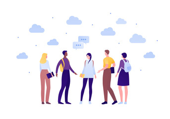 Student lifestyle and diversity friendship concept. Vector flat person illustration. Group of multi-ethnic young adult friend hold. Speech bubble. Design for banner, web, infographic.