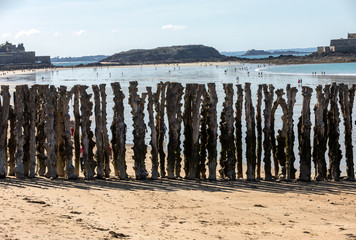 Big breakwater and beach in Saint Malo, 3000 trunks to defend the city from the tides, Ille-et-Vilaine, Brittany, France