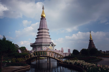 Naklejka premium Landscape of pagoda at the Inthanon mountain at sunny day