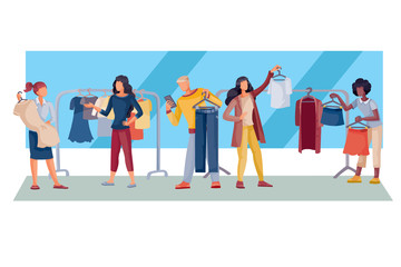 women and a man in a store buying clothes, a dress, a blouse, an isolated object on a white background, vector illustration,