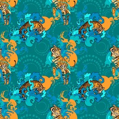 Obraz premium Tiger Chinese oriental element illustration with cloud and spread seamless pattern vector with green background 