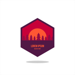 Outdoor Adventure vintage label, badge, logo or emblem. with mountains and forest silhouette. Vector illustration.