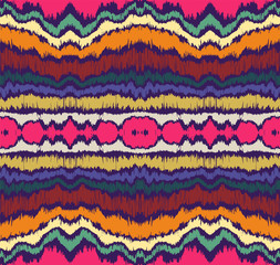 Ikat border. Geometric folk ornament. Ink on clothes. Tribal vector texture. Seamless striped pattern in Aztec style. Ethnic embroidery. Indian, Scandinavian, Gypsy, Mexican, African rug.