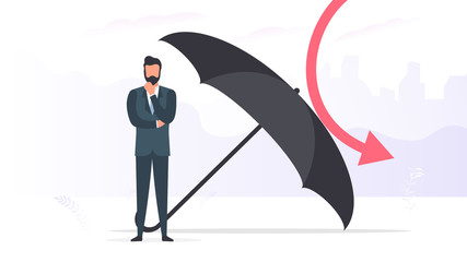Businessman under an umbrella. Business conservation concept. Business is safe from risks. Vector.