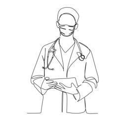 A young medical doctor in protective surgical mask carrying a note. Continuous single line drawing vector illustration