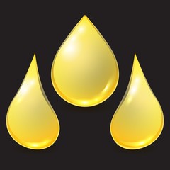Vector set golden different oil or honey drops isolated on black background. 3D realistic illustration. Template for petrochemical, beekeeping or olive advertising.