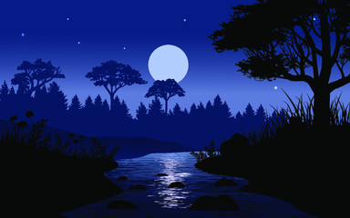 night scene in forest with moon and river