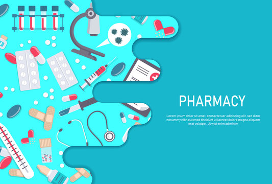 Pharmacy frame with pills, drugs, medical bottles. Drugstore vector flat illustration. Medicine and healthcare banner, poster background with copy space.